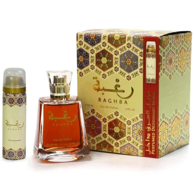 Lattafa Raghba 2-piece Set for Unisex (3.4 Oz Eau de Parfum Spray + 1.7 Oz Perfumed Deodorant Spray)